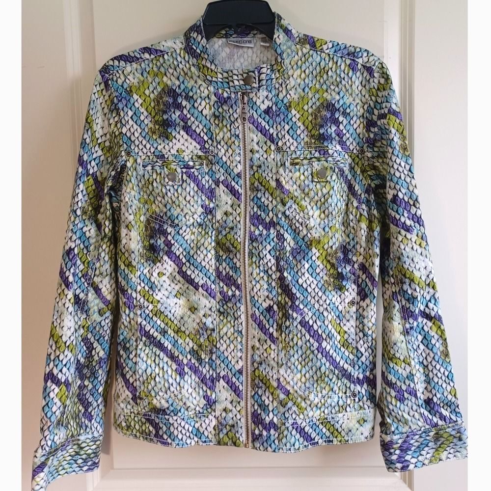 Chicos Moto Jacket Sz 2 / Lg‎ Artsy Purple Green Snake Print Full Zip Colorful
